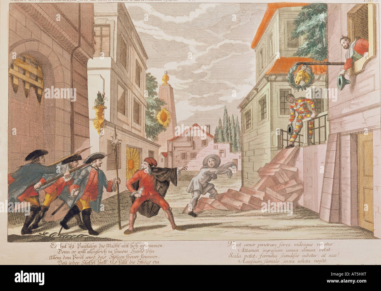fine arts, graphic, scene from a Commedia dell`Arte, copper engraving, coloured, by Philipp Andreas Degmair (1711 - 1771), 39 cm x 25.5 cm, Artist's Copyright has not to be cleared Stock Photo
